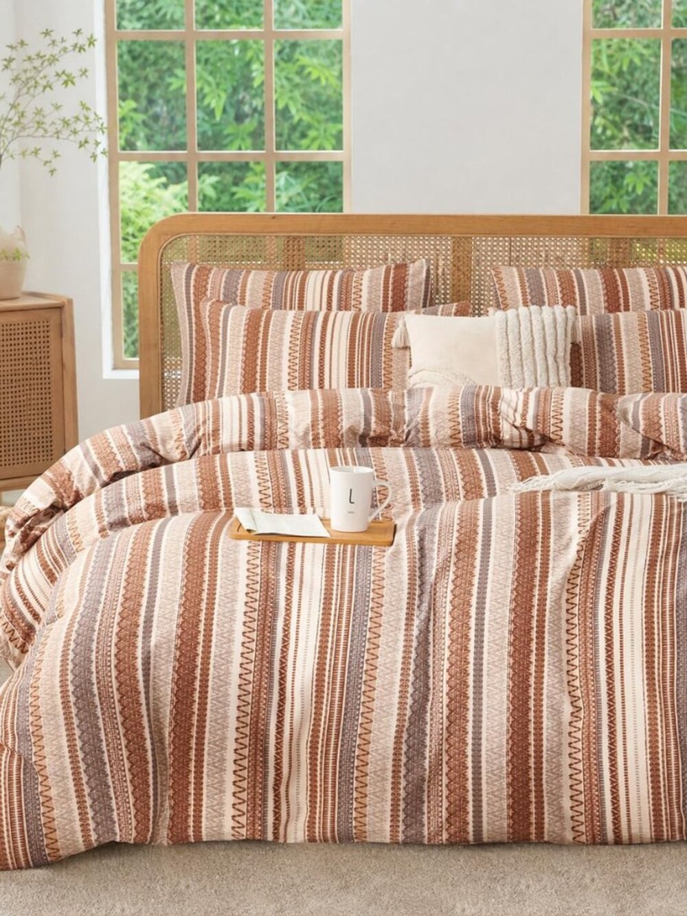 Striped Queen Comforter Set Boho Soft 3 Pieces Chic Vintage Boho Print Bohemian